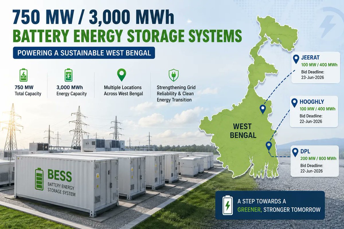 Saur_energy's tweet photo. #WestBengal Set To Host 750 MW/3,000 MWh #BESS Project With Multiple Tenders.
West Bengal has issued multiple BESS tenders across Jeerat, Hooghly, and DPL. According to the tender documents, #bids have been invited for a 100 MW/400 MWh each.
Read more https://t.co/5AxDBiDUHt
.. https://t.co/eM6udEOXHD