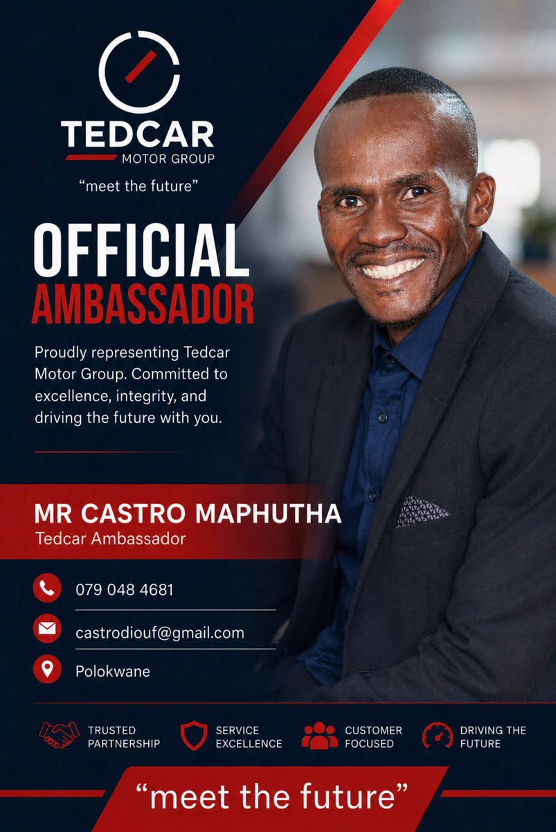 PhedishanoF's tweet photo. 🚘 PSF congratulates DG Mr Castro Maphutha on becoming TEDCAR Motor Group Brand Ambassador.

Together we’re driving innovation, quality vehicles + new opportunities for communities.

The future is here 🚗🔥
#DrivingTheFuture #PSF #TEDCAR https://t.co/KYPTWKpe8B