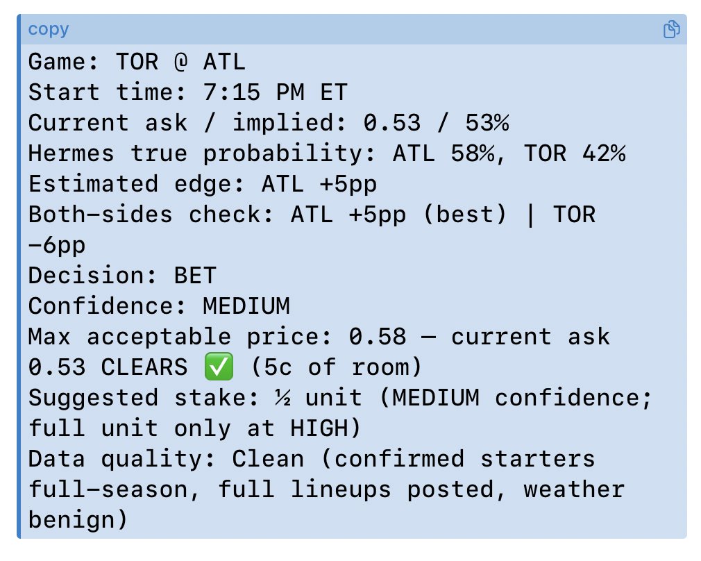 fitzhere9's tweet photo. Been a bit slow over the last few days.

Still refining process with Hermes + manual action over difficult timezones.

Back on today though, one play from Hermes MLB Quant for a win on @almanac_market 

Goal is to fully automate the early slate scan & prep > final pre-game scan > daily review & results logging.

Once we've automated that, have confidence in the systems consistency and trust in the agent, we'll scale up and may look at automating the trade process.

$TAO #SN41 #Hermes