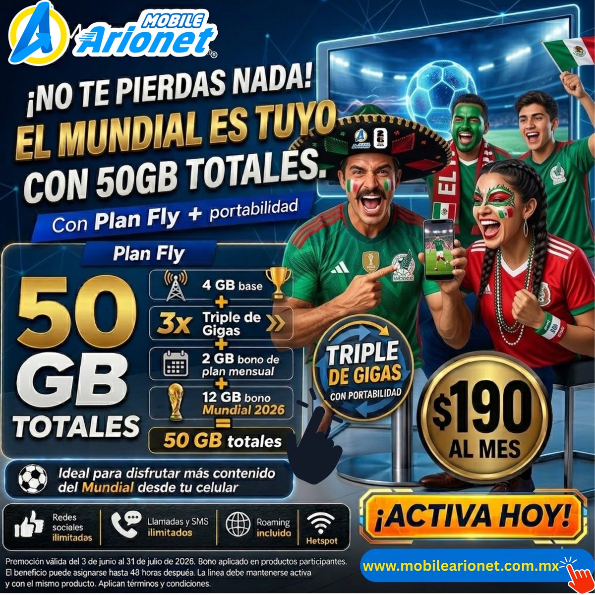 mobilearionet's tweet photo. ⚽🔥 ¡No te pierdas nada! El Mundial es tuyo con MobileArionet. 🔥⚽
🚀 ¡Activa hoy y lleva tu pasión al siguiente nivel!

🌐https://t.co/xAwW30Aq4z

📅 Promoción válida del 3 de junio al 31 de julio de 2026. https://t.co/929iYK9h9N