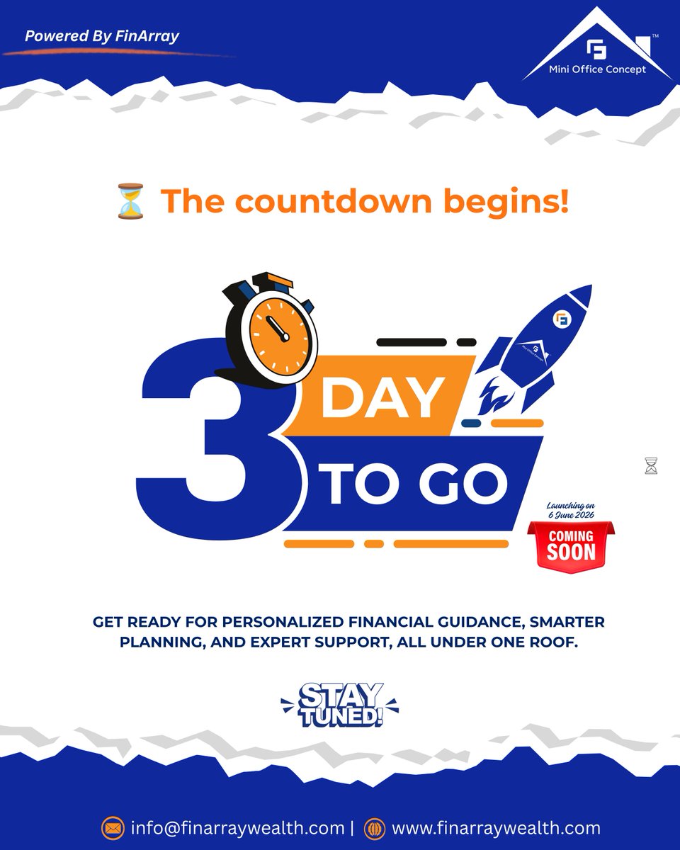 FinArray_Wealth's tweet photo. 3 Days To Go! ⏳

The FinArray Mini Office Concept launches on 6 June 2026.

Stay tuned for something exciting!

#miniofficeconcept #finarray #investment #insurance #wealthmanagement https://t.co/ViCOpmapIq