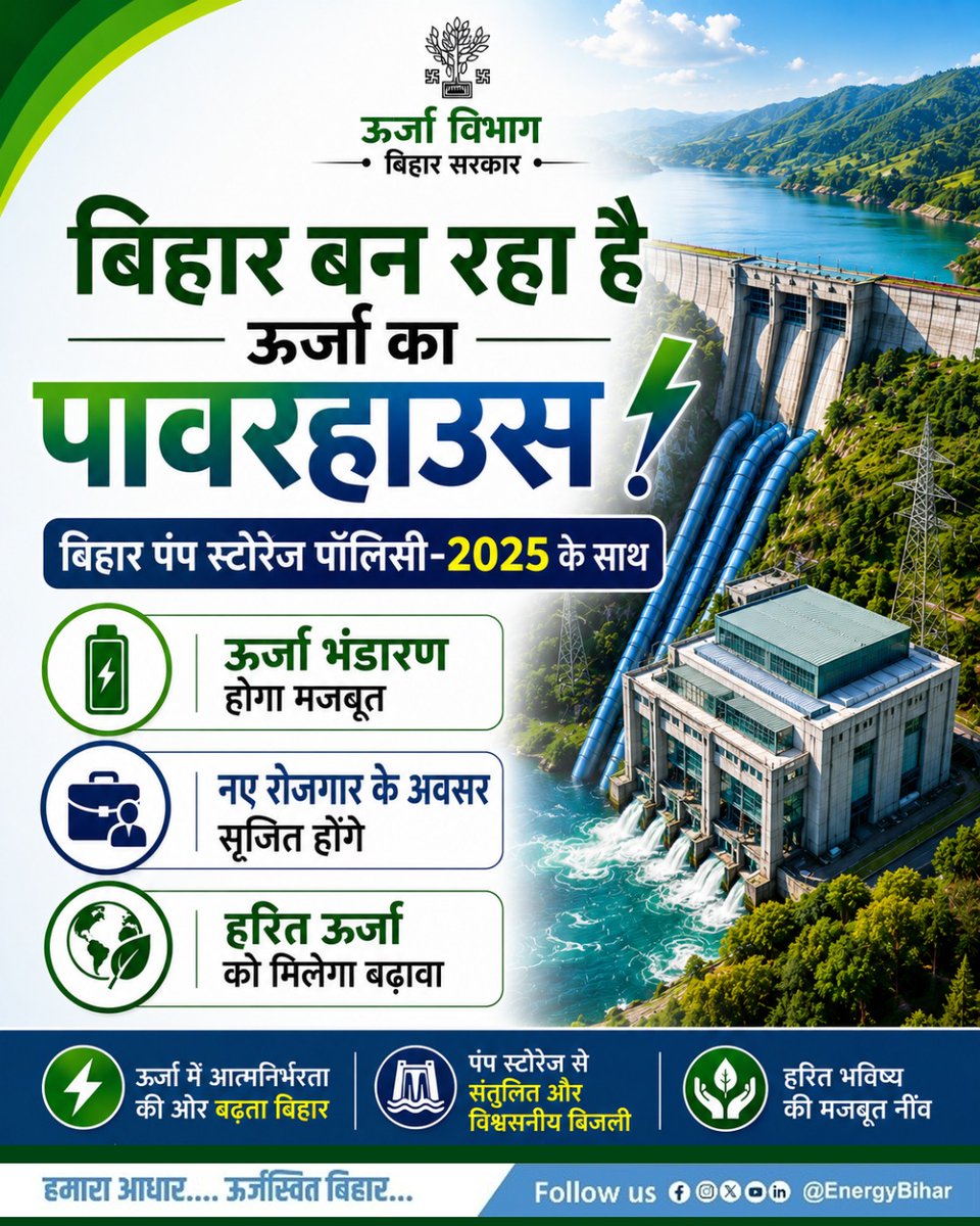EnergyBihar's tweet photo. बिहार बन रहा है ऊर्जा का पावरहाउस!
बिहार पंप स्टोरेज पॉलिसी-2025 के साथ
* ऊर्जा भंडारण होगा मजबूत
* नए रोजगार बनेंगे - नए रोजगार के अवसर सृजित होंगे
* हरित ऊर्जा को मिलेगा बढ़ावा
#Bihar #GreenEnergy #RenewableEnergy #PumpStorage #EnergySecurity #Investment #SustainableFuture https://t.co/6U21OcWMtM