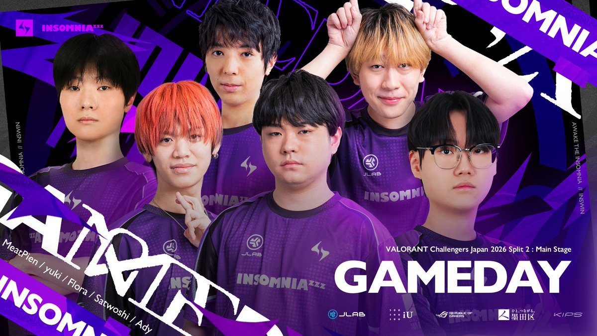 insomnia_esp's tweet photo. ◤INSOMNIA VALORANT Div.◢

VALORANT Challengers Japan 2026
Split 2 Main Stage Day7

【Match 1｜6.3 16:00~】
vs RIDDLE ORDER @RIDDLEORDER

◤ Roster ◢
❒Karaage -@Karazerra
❒Ady -@adcbbbzz
❒さとぅーし -@satwoshi_
❒Flora -@Florafps1
❒MeatPieN -@MeatPieN 
❒yuki - @yxxxwl

◤Coach◢
❒woo -@woojung_jp
❒Ryoma -@af_ryoma 

いよいよ後がない状況、なんとかここで踏ん張りたい💤
勝利のカギを見つけ出せ🔑

#INSWIN #ChallengersJP #CHJP