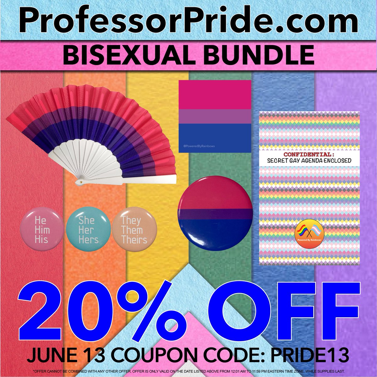 PoweredRainbows's tweet photo. Get your Bisexual Bundle and save 20% for a limited time: https://t.co/lqWJ8kSoyJ
Coupon Code: PRIDE13 https://t.co/Y9w18XnLSW