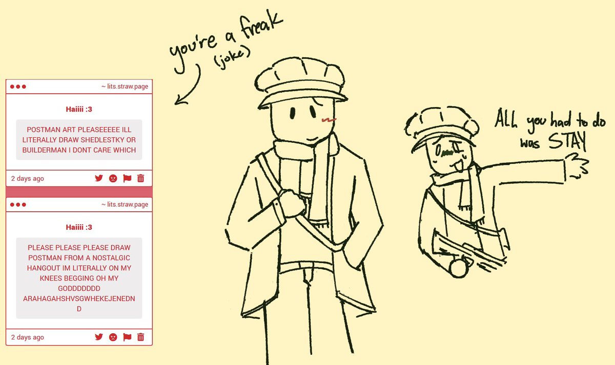 Lits687's tweet photo. im too lazy and fat to color it ooourghhhhhhh (anyways wheres my shedletsky and or builderman 🤤)

#postman #anostalgichangoutgame #anhg https://t.co/cHwa8ZVT2l