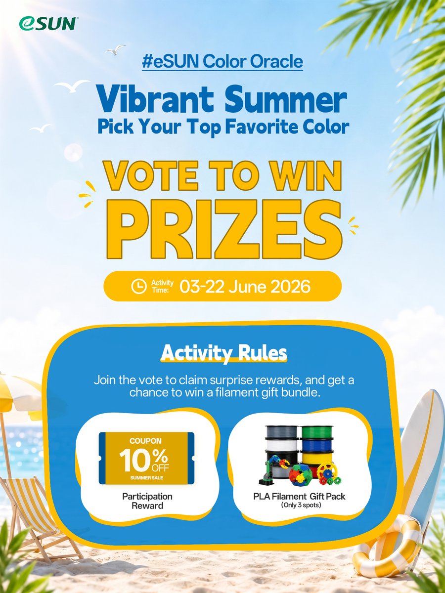 esun3dfilament's tweet photo. 🎉 Voting wins a great gift! Your color is up to you 🎨
What are your favorite three colors? Speak it out and there will be a prize!

🗳️ The participation method is super simple:
Click on the link below to enter the page! 
Choose your favorite 3 colors and submit your vote!

🎁 Soft hands when receiving prizes:
✅ Submit a vote → Enjoy a 10% discount coupon
✅ If the color you choose breaks into the top three in popularity, you will receive a PLA basic 8-color trial set!
✅ If the number of winners exceeds 3, the prizes will be distributed in the order of submission, first come, first served!

📌 Key points:
After the voting deadline, we will announce the final top 3 popular colors.
If your choice matches the list, you can unlock the trial equipment prize!

💬 Now come and cast your tricolor combination! 
⚡ What we're fighting for is hand speed👇👇👇
https://t.co/OfLCSrqTJS 

#3dfilament #eSUN #eSUN3D #3dprinting #eSUNfilament #PLABasic #Voting #activities #Discount #eSUNPLABasic