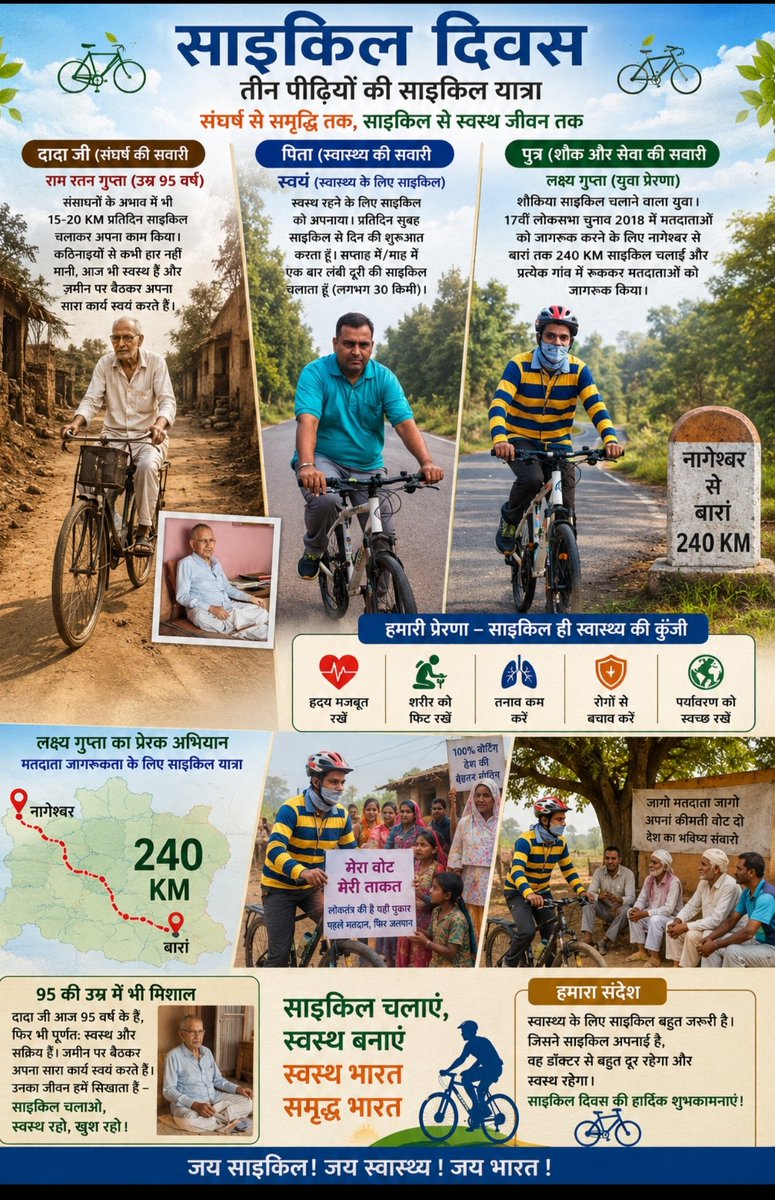 Rajeshkarawan23's tweet photo. 🚴‍♂️ तीन पीढ़ियाँ, एक जुनून – साइकिल!

दादाजी ने अभाव में, पिताजी ने स्वास्थ्य के लिए और मैंने शौक व राष्ट्रसेवा के लिए साइकिल चलाई।
95 वर्षीय श्री राम रतन गुप्ता जी आज भी स्वस्थ व सक्रिय हैं। 
विश्व साइकिल दिवस पर संकल्प लें—स्वास्थ्य, पर्यावरण और फिटनेस के लिए साइकिल अपनाएं। https://t.co/CkqMmJYSSs