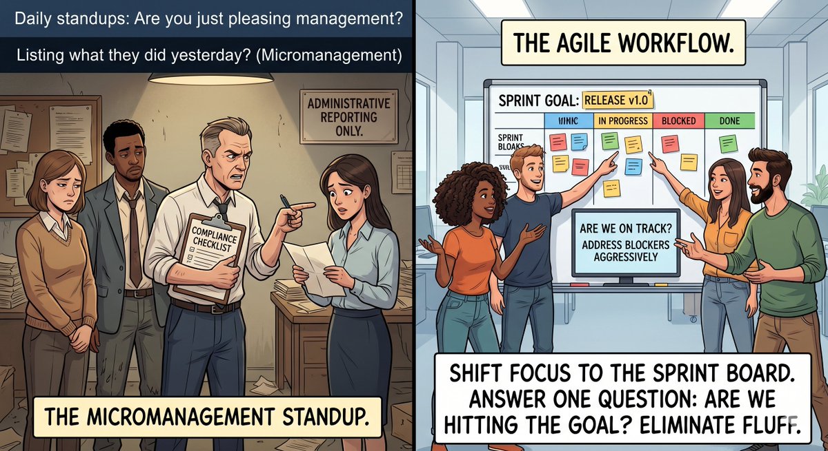 veer158's tweet photo. Agile is not micromanagement. 🛑 If your daily standup feels like an interrogation, you are doing it wrong. Keep it to 15 minutes and focus purely on blockers! #Agile #ScrumMaster #TeamProductivity https://t.co/bTknV1S3s1