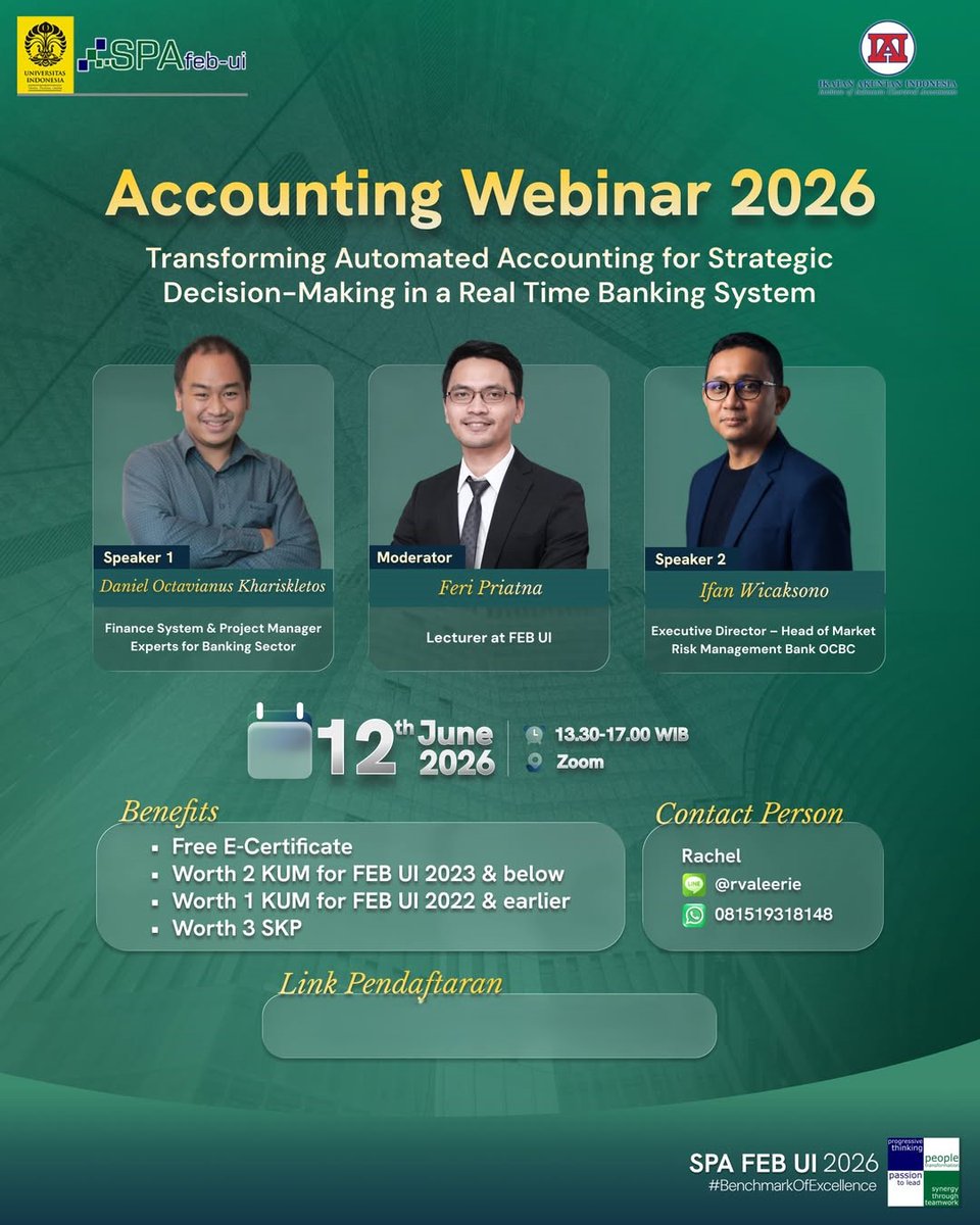 RuangSeminar's tweet photo. Media Partner

[OPEN REGISTRATION ACCOUNTING WEBINAR 2026]

🔗 Register now:  https://t.co/VvUwCKksPc

📞 For more information:
Rachel
LINE: rvaleerie
Whatsapp: 081519318148

SPA FEB UI 2026
#BenchmarkOfExcellence https://t.co/FBv1V5seOJ