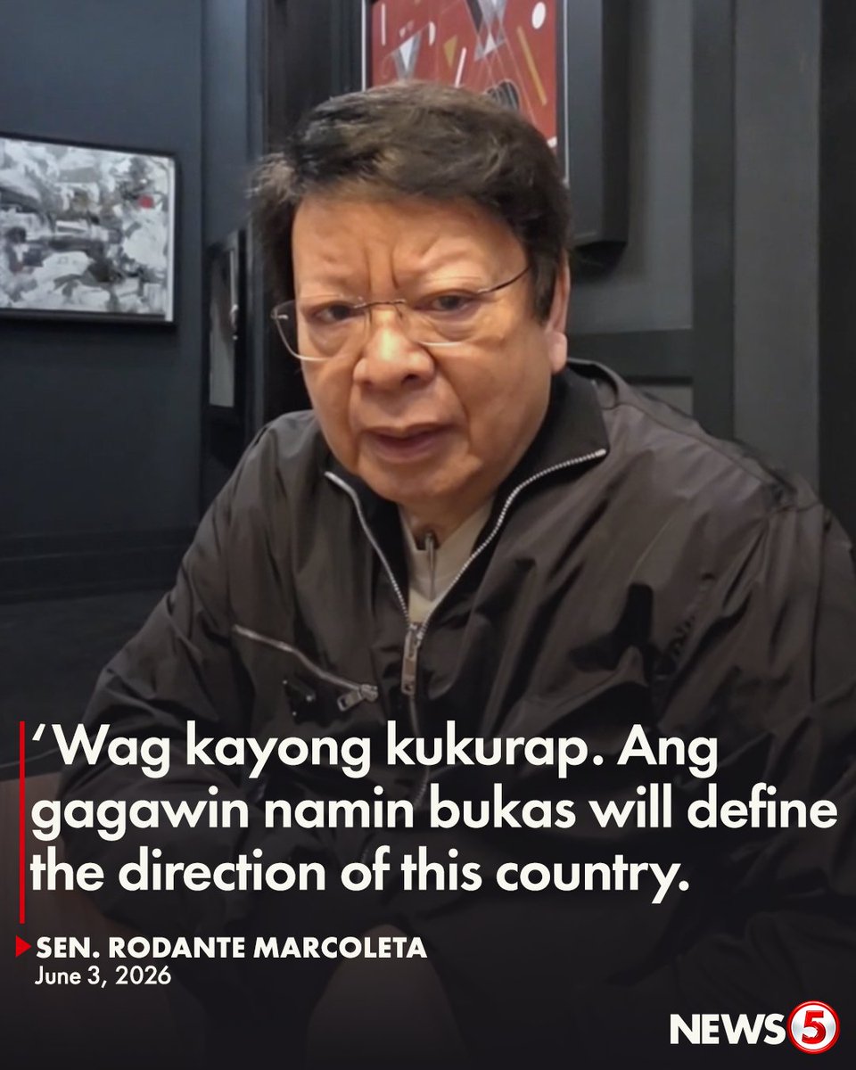 News5PH's tweet photo. ‘GUSTO LANG NAMIN ANG INYONG TOTAL SUPPORT’

Humingi ng suporta si Sen. Rodante Marcoleta sa nakatakdang pagdinig ng Blue Ribbon Committee tungkol sa maanomalyang flood control projects bukas, June 4.  

“Baka ito na po ang pinakahuling pagkakataon na ang katotohanan, ang katwiran ay mananaig, saad niya.