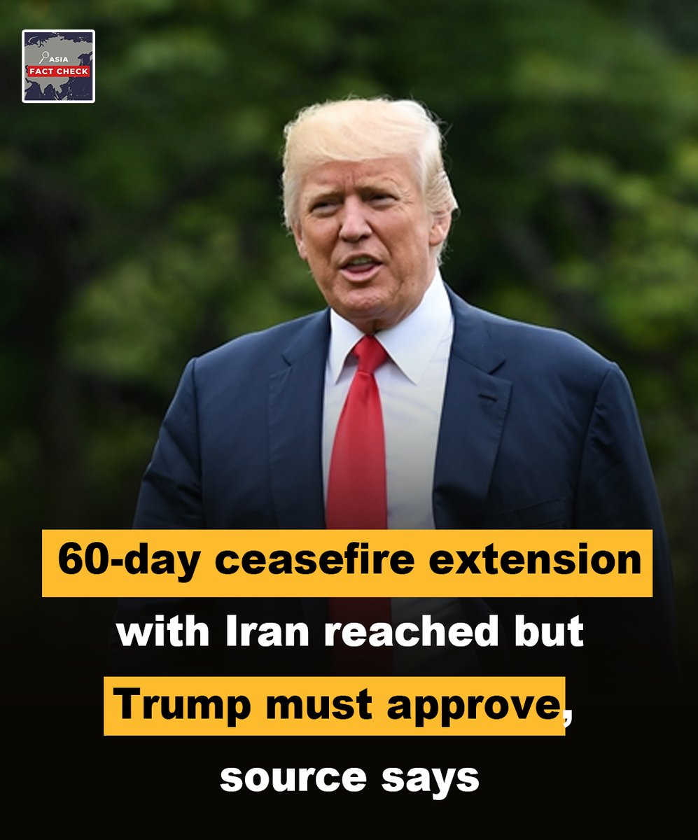 AsiaFactCheck's tweet photo. A proposed 60-day ceasefire extension with Iran has reportedly been reached, though final approval still depends on Donald Trump. Any sustained truce could stabilize oil markets, reduce regional tensions, and reshape diplomatic dynamics across the Middle East.
#60Days #Ceasefire #Extension #FinalApproval #DonaldTrump #RegionalTensions