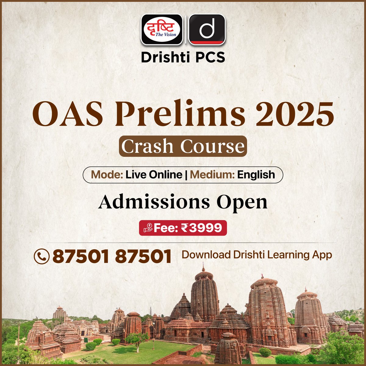 DrishtiPCS's tweet photo. OAS Prelims Crash Course 2025
.
Admission Open
.
87501 87501
Link: https://t.co/vFcOEcoCsO
#OAS #OAS2026 #OASPreparation #OPSC #PCS #DrishtiPCS #CompetitiveExams https://t.co/b8rf6y8Fkq
