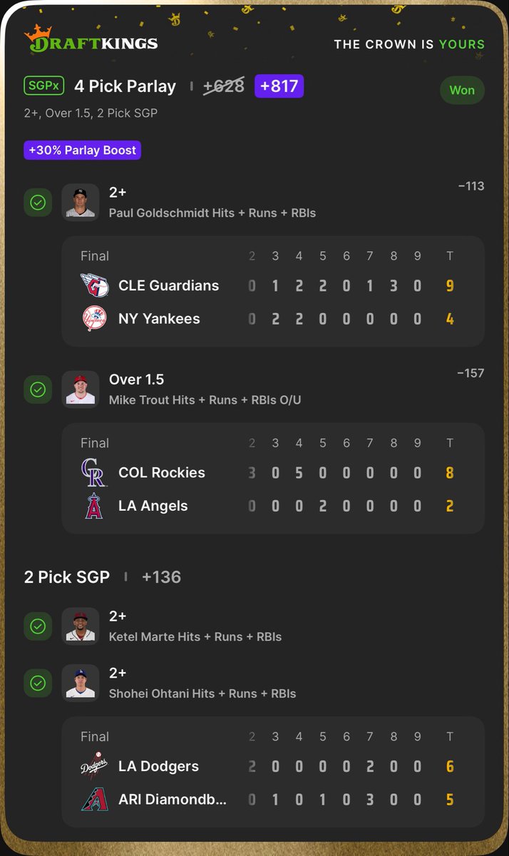 ThePropfessor's tweet photo. CASH THE HRRs (+817) 💎

Goldschmidt ✅
Trout ✅
Marte ✅
Shohei ✅

That’s 3 of the last 5 🔥

❤️ if you tailed LFG 🤝 https://t.co/hvVzzIQCMP
