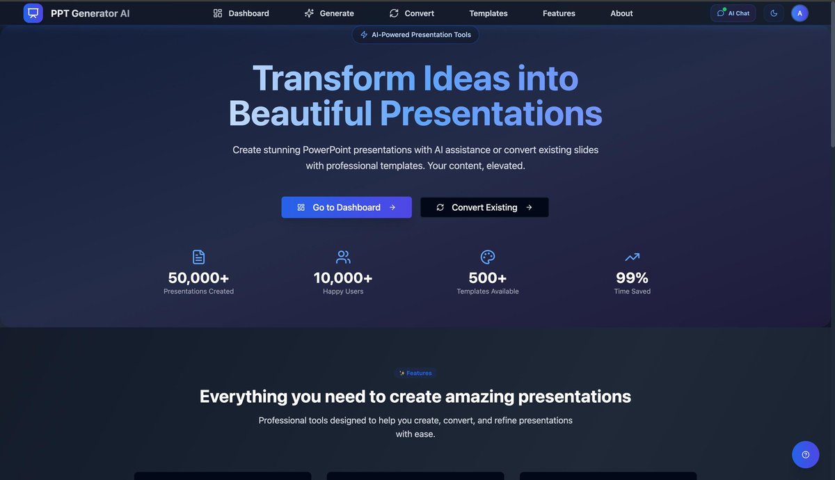 AryamanNib7959's tweet photo. @khushiirl Built an AI PPT Generator &amp; Converter 🚀
Different from Gamma AI? → Upload YOUR own template 🎯 → Convert any PPT to college template instantly
No other AI tool has this.
live: https://t.co/gDz6uwVbTZ
#BuildInPublic #AITools #reactjs #SaaS #fullstackproject #python #flask #mern https://t.co/ItoO4yIZMY