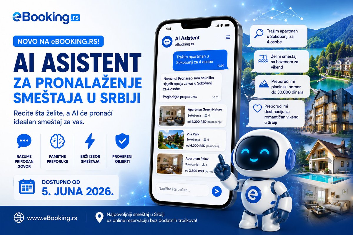 sokoinfo's tweet photo. 🔥 Od 5. juna zaboravite klasičnu pretragu smeštaja – upoznajte AI asistenta https://t.co/1PhORX7UcF! 🤖🏡🇷🇸
Dovoljno je da napišete:

💬 "Tražim apartman u Sokobanji za 4 osobe"

💬 "Želim smeštaj sa bazenom za vikend"

💬 "Preporuči mi planinski odmor do 30.000 dinara"

AI će razumeti vaše potrebe i predložiti najrelevantnije apartmane, vile, sobe i hotele.

🇷🇸 Domaća platforma za online rezervacije smeštaja u Srbiji.

🌐 https://t.co/1PhORX7UcF

#eBookingRS #AI #TravelTech #Turizam #Srbija #Smestaj #Apartmani #Hoteli #OnlineRezervacije #Innovation #Travel #DigitalTourism #Serbia #AIassistant #TourismTech 🤖✨🏡