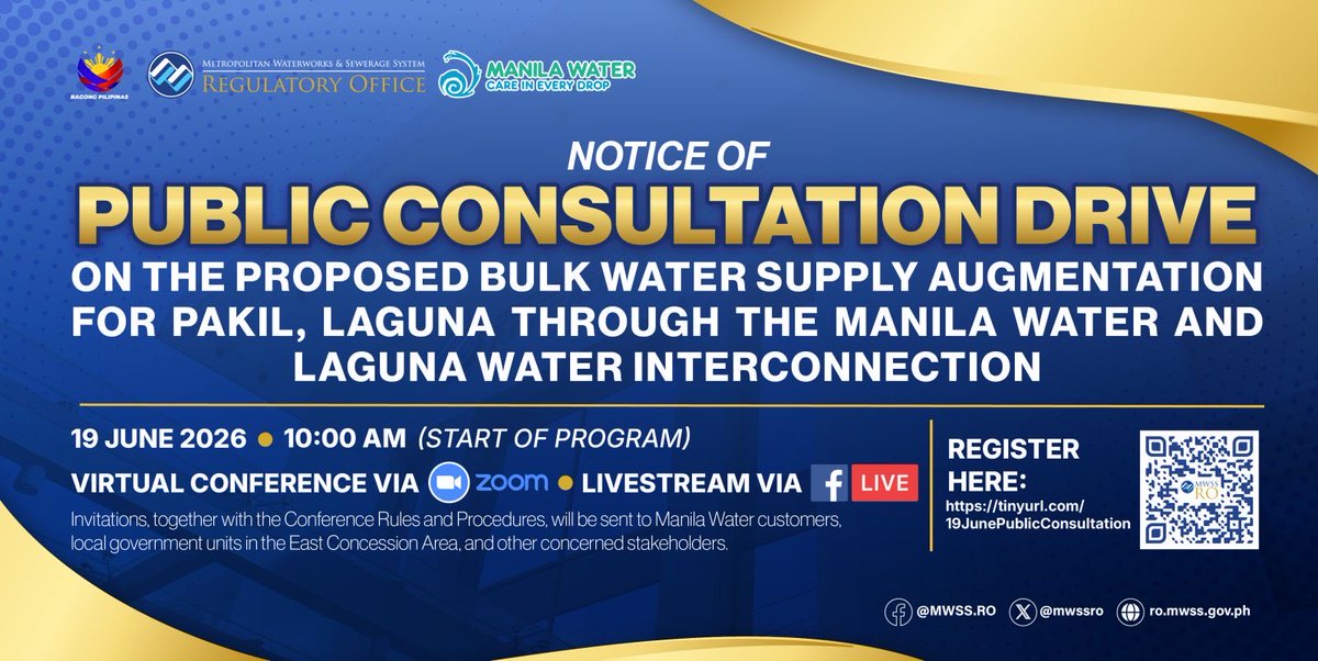 mwssro's tweet photo. This is to inform the public that the @mwssro (RO) will hold a virtual Public Consultation Drive on the Proposed Bulk Water Supply Augmentation for Pakil, Laguna through the Manila Water and Laguna Water Interconnection. https://t.co/hnooWmf2S6