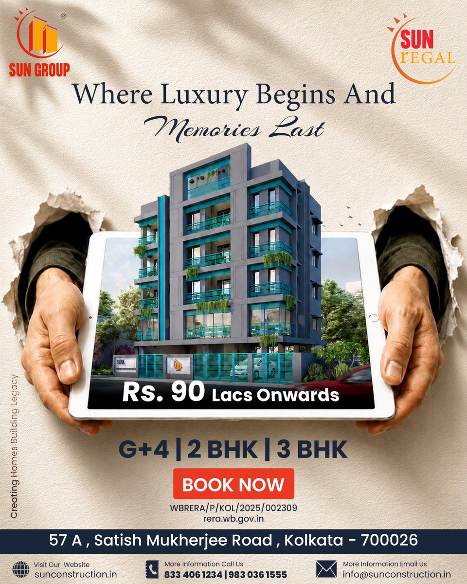 SunGroup2022's tweet photo. Discover Sun Regal, a Home Crafted for Those Who Seek Comfort, Sophistication and a Lifestyle Beyond the Ordinary.
𝐁𝐨𝐨𝐤 𝐍𝐨𝐰!
WBRERA/P/KOL/2025/002309
🌐https://t.co/RW52oPzXpW
#SunRegal #SunGroup #SunConstruction #residentialrealestate #ResidentialProperty https://t.co/lakRGgjvA3