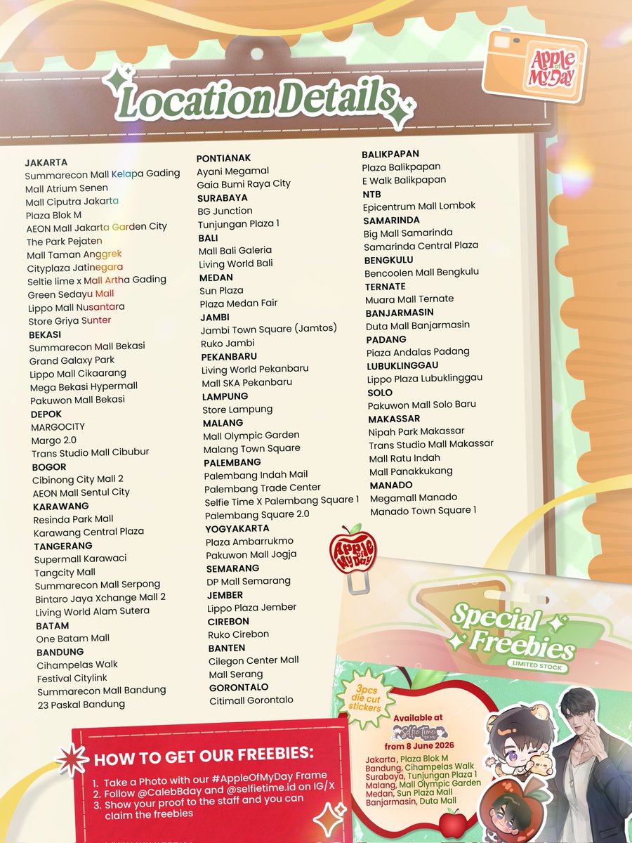 CalebBday's tweet photo. 🍎 CALEBBDAY PHOTO FRAME EVENT 🍎

Pipsqueaks, it’s time to take a photo with Caleb! 📸

Celebrate #CalebBday with our special #AppleOfMyDay photo frame event at:

📆 8 – 21 June
📍 @selfietimeid

🎁 We’ve also prepared limited freebies in 6 selected cities, so don’t forget to claim yours while stocks last!

Check the poster for participating locations and freebies details 🍎✨

Artworks by @sashaa_art2, @phoibeela, and @ufoundmyart

Frame design by @boiebe