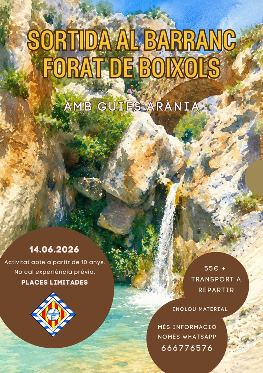 CentreCEG's tweet photo. ⛰ SORTIDA AL BARRANC FORAT DE BOIXOLS 💦
📅 Data: 14 de juny de 2026
👧👦 Activitat apta a partir de 10 anys
✅ No cal experiència prèvia
🎒 Material inclòs
💶 Preu: 55 € + transport a repartir
⚠️ Places limitades!
📲 Més info i inscripcions (WhatsApp):
📞 666 776 576 https://t.co/HHGCQ5SwDI