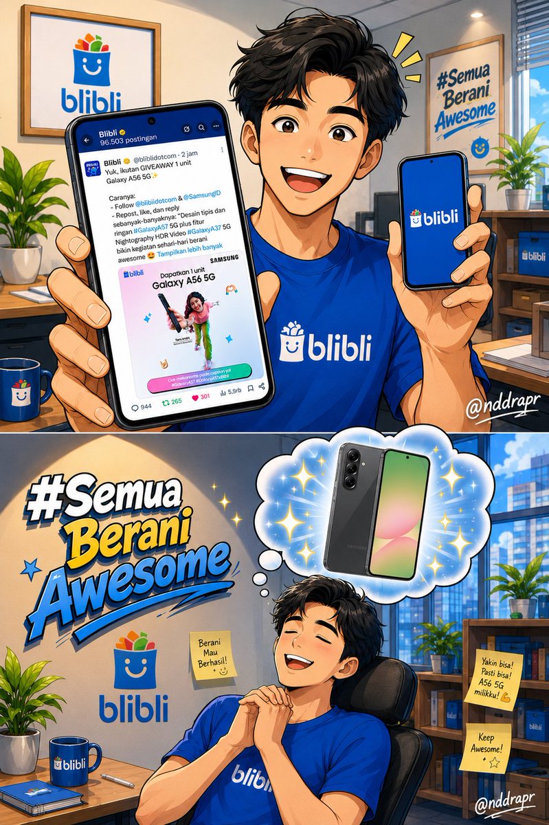 nddrapr's tweet photo. @bliblidotcom @samsungID “Desain tipis dan ringan #GalaxyA57 5G plus fitur Nightography HDR Video #GalaxyA37 5G bikin kegiatan sehari-hari berani awesome 🤩 #SemuaBeraniAwesome #GalaxyA57xBlibli” 

Ikut Giveaway sesuai Aturan
Belanja Hemat dan Aman cuma di Blibli Kawan 🤩 https://t.co/MM2eYyW7oE