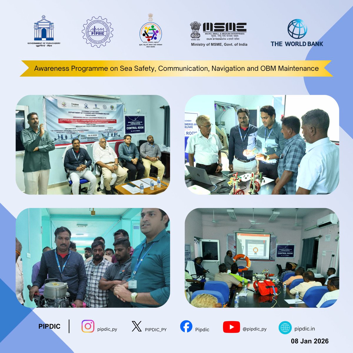 PIPDIC_PY's tweet photo. Safety at sea is not optional — it's essential. ⚓🌊

79 fishermen trained on sea safety, navigation, communication &amp; OBM maintenance at Puducherry under #RAMP — with expert faculty from ICAR–CIFNET, Chennai.

Safer fishermen. Stronger fisheries. 🎣

#Fisheries #SafetyAtSea #OBM https://t.co/y5eXnAriVp