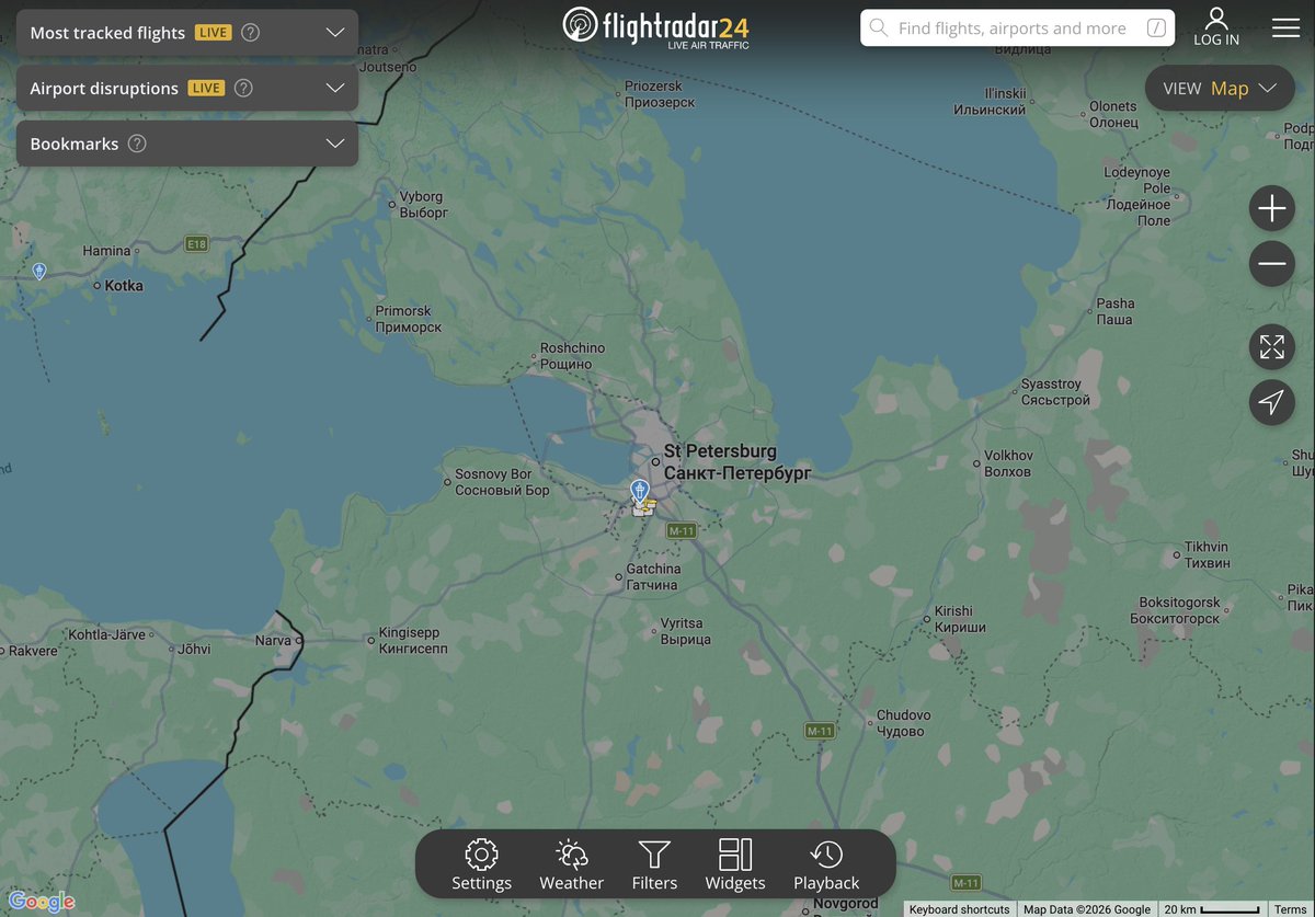 Tendar's tweet photo. Air travel over Saint Petersburg, Russia, has been completely suspended.

Attendees of the Saint Petersburg International Economic Forum 2026 (SPIEF 2026), which is starting today, currently cannot reach the city by plane and are stuck in their home ports (Moscow etc.). https://t.co/umsghoEjq8