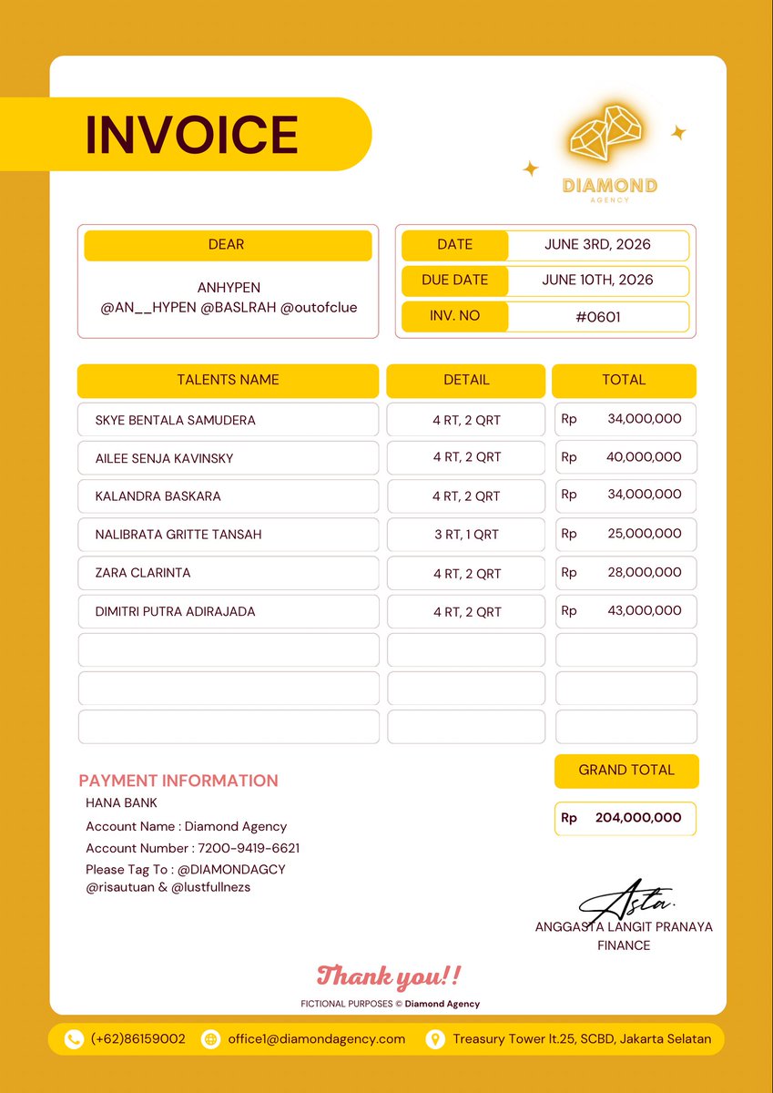 DIAMONDAGCY's tweet photo. [ 📩 ]
To : ANHYPEN @AN__HYPEN @BASLRAH @outofclue 

Cc :
kaivan@diamond.net (@risautuan)
asta@diamond.net (@lustfullnezs)
Subject : INVOICE
🖇 :

Dear ANHYPEN,
Terima kasih telah menggunakan jasa Diamond Agency. Berikut invoice &amp; payment informationnya. https://t.co/YASRgBV7wR