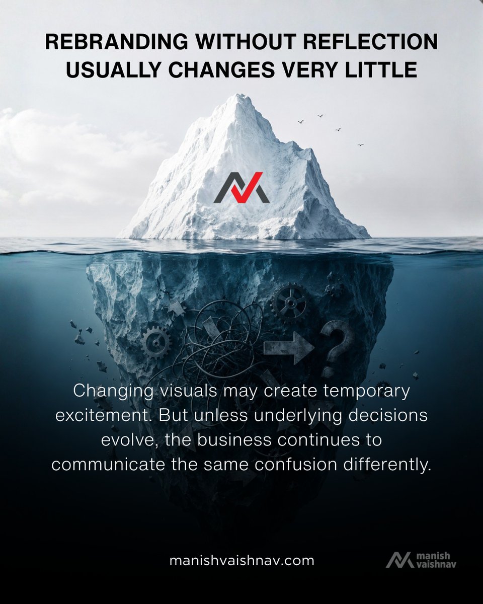 BRANDwithMV's tweet photo. Rebranding without reflection changes very little. ⚠️
A new identity cannot solve an old strategic problem.

🧭 Before changing visuals, examine the thinking underneath.

https://t.co/wy8Fia235t

#BrandStrategy #Rebranding #BusinessClarity #Leadership #Peddi #Consulting https://t.co/8NgPtjUzkU