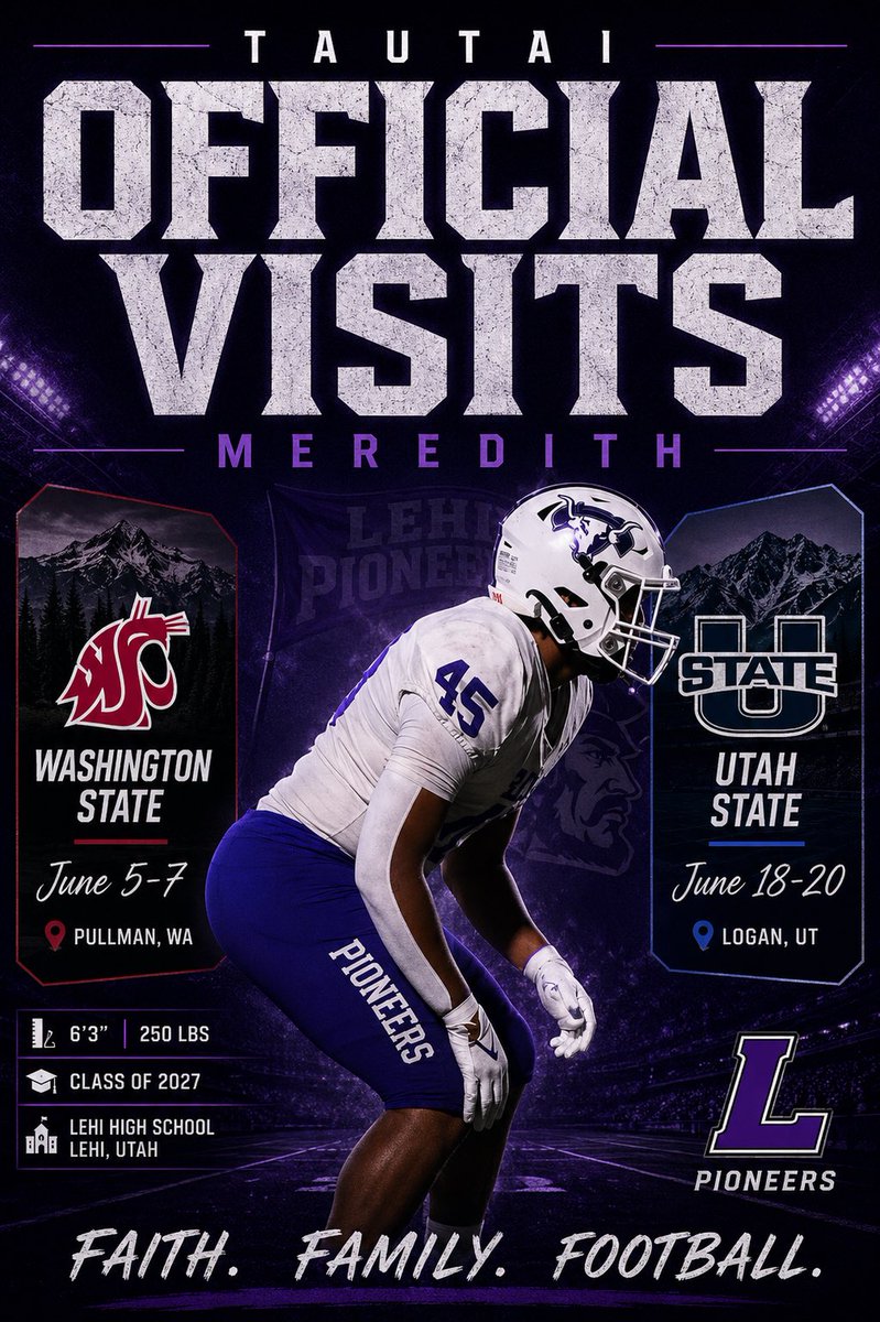 TautaiMeredith's tweet photo. OFFICIAL VISITS 🔒
Blessed and grateful for these opportunities.
Faith. Family. Football.
#AGTG #OfficialVisit #ClassOf2027
@WSUCougarFB @USUFootball @Coach_Ena @CoachSeumalo @CoachDWilkins @Janimal84 @jpulou @VictorUnga @BrandonHuffman @ballersinutah @LehiFootball https://t.co/V5ATsCe2cs