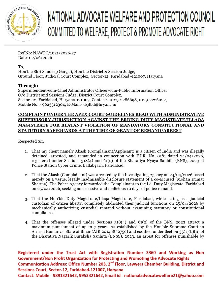 HumanCounc24629's tweet photo. COMPLAINT UNDER THE APEX COURT GUIDELINES READ WITH ADMINISTRATIVE SUPERVISORY JURISDICTION AGAINST THE ERRING DUTY MAGISTRATE/ILLAQA MAGISTRATE FOR BLATANT VIOLATION OF MANDATORY CONSTITUTIONAL AND STATUTORY SAFEGUARDS AT THE TIME OF GRANT OF REMAND/ARREST@cmohry @police_haryana https://t.co/NFRUDdBjew