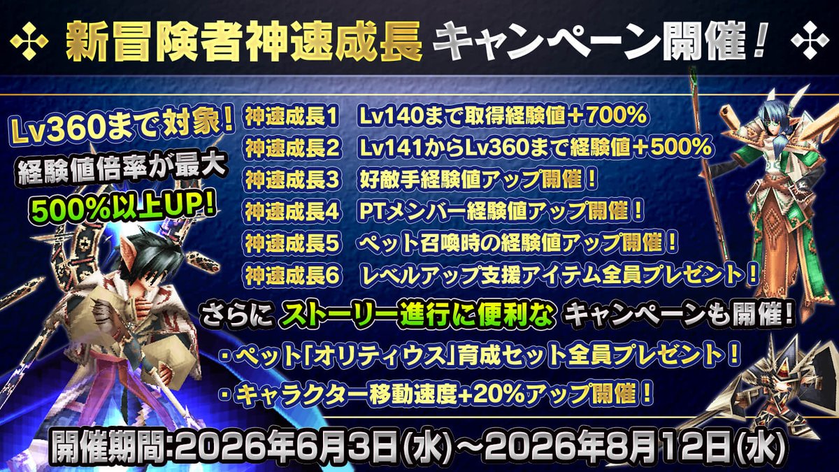 iruna_pr's tweet photo. 新冒険者神速成長キャンペーン開催中っ！
｢Lv140以下経験値+700%｣｢Lv141～Lv360以下経験値+500%｣などのキャンペーンが盛りだくさんっ！

｢好敵手＆PTメンバー経験値アップ｣を組み合わせて育成できるチャンスっ！
#イルーナ戦記 #イルーナ https://t.co/GfZoMGwfL5