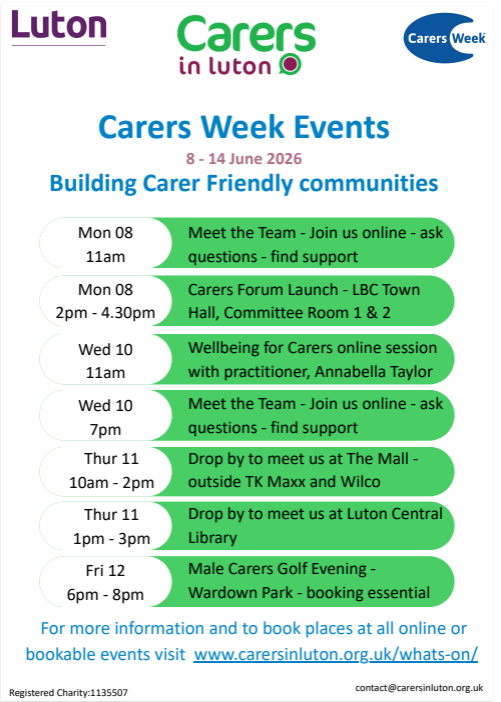 hwluton's tweet photo. Carers in Luton - Carers week events.

For information and to book places online visit: https://t.co/w1p1QGYv3P

 #CarersInLuton #CarersWeek #LutonEvents #CarerSupport #WellbeingForCarers #CarersForum #CarerFriendly https://t.co/tibFCtYrkI
