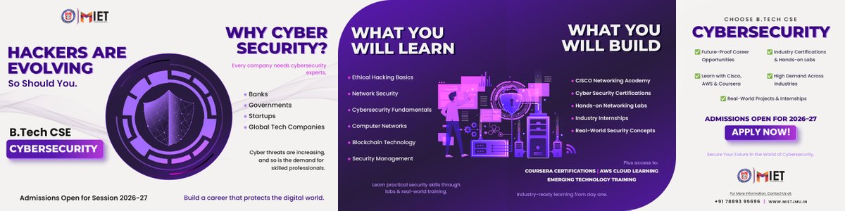 mietjmu99's tweet photo. 🔐 Build a career in Cyber Security with https://t.co/F7w3oX0Dy6 CSE at MIET. Learn to secure networks, protect data, and tackle real-world cyber threats. 🚀 Learn. Defend. Lead.
📩 Admissions Open. #CyberSecurity #BTechCSE #AdmissionsOpen https://t.co/dpHeA6X2cg