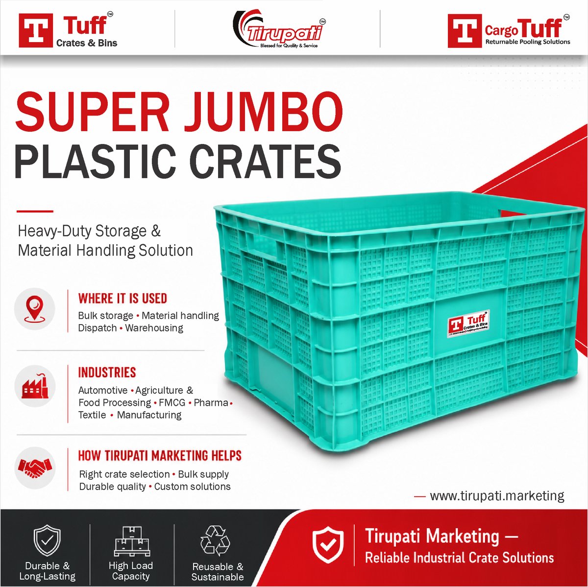 PvtTirupati's tweet photo. Bigger Load. Stronger Storage. Smarter Handling.

Tirupati Marketing’s Super Jumbo Plastic Crates are built for heavy-duty storage, warehousing, agriculture, logistics &amp; bulk material handling.

Durable. Reusable. Reliable.

#TirupatiMarketing #PlasticCrates #MaterialHandling https://t.co/z5fXN27NJB