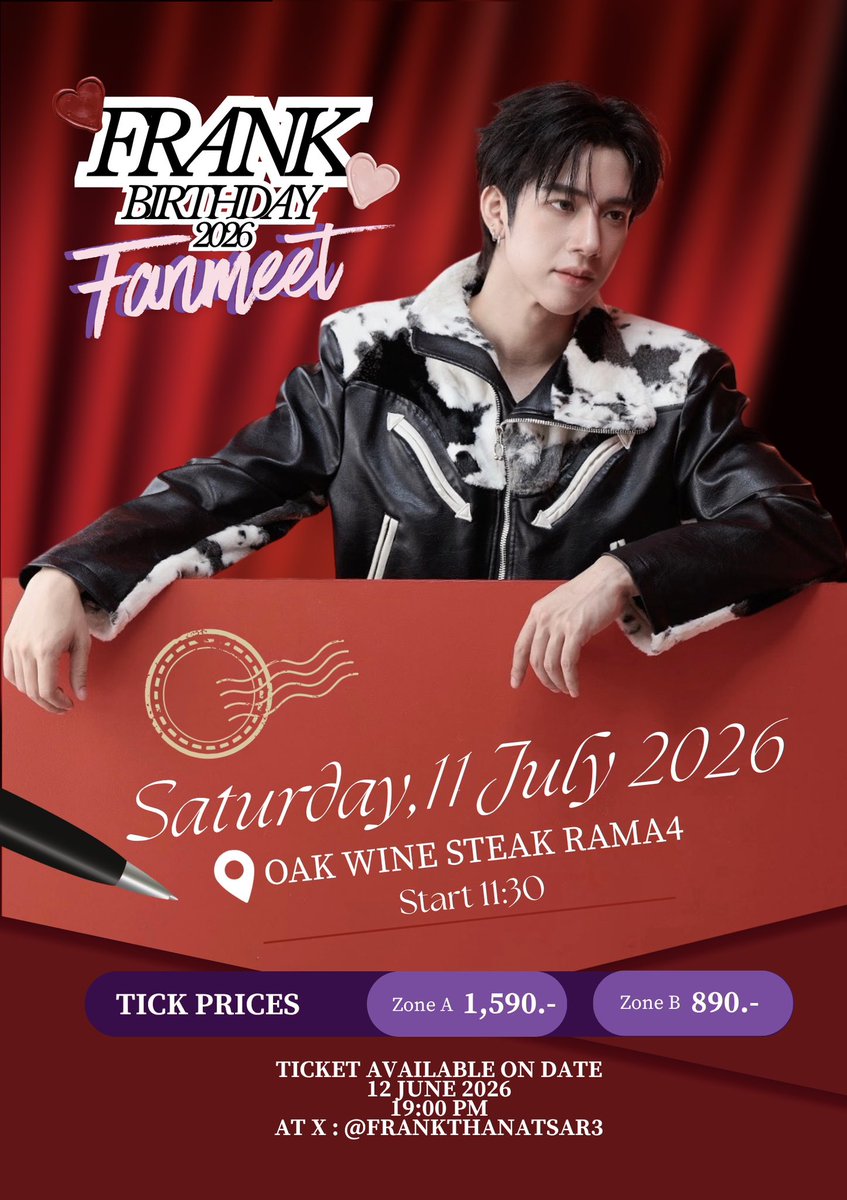 FThanatsarun's tweet photo. ปักหมุดรอเลย! แล้วไปเจอกันในงาน Frank Birthday 2026 Fanmeet นะครับ ❤️

📌 12 มิ.ย. นี้ ตอน 1 ทุ่มตรง! ที่ X: @frankthanatsar3 

#frankthanatsaran https://t.co/0YXIanKGwA