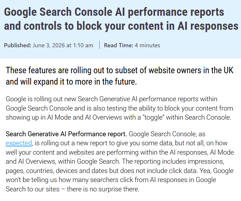 byAnanduS's tweet photo. Google finally rolling out AI search tracking feature (or something like) in Search Console. 

Bing Webmaster Tools already did it. 
Microsoft Clarity already did it. 

Google also testing the ability to block your website content from showing up in AI Mode and AIO, via GSC. https://t.co/TU0D7HDFkW