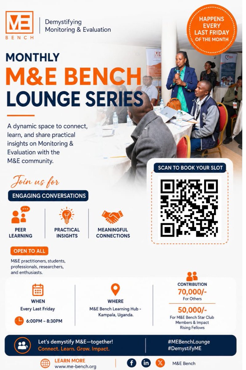 evaluationbench's tweet photo. 🇺🇬 UGANDA IS NOT LEFT OUT!

As the M&E Bench Lounge Series continues to expand across borders and connect professionals throughout Africa, we remain firmly rooted in the Uganda.

Every last Friday of the month, the M&E Bench Learning Hub in Kampala transforms into a vibrant space for learning, networking, collaboration, and thought-provoking conversations on Monitoring & Evaluation.

Whether you are an M&E practitioner, researcher, student, development worker, consultant, government officer, or simply passionate about evidence and impact, this is your opportunity to engage with a growing community of professionals committed to making a difference.

Come exchange ideas, challenge perspectives, discover new opportunities, and build meaningful connections with fellow change-makers.

📍 Kampala, Uganda 
📅 Every Last Friday of the Month (This month will be 26th June 2026)
⏰ 6:00 PM – 8:30 PM

Seats are limited

Scan the QR code on the flyer click the link below to book your slot and join the conversation.

https://t.co/kAtQGGkUHu

The movement is growing across Africa, but Uganda remains active, vibrant, and ready for you.