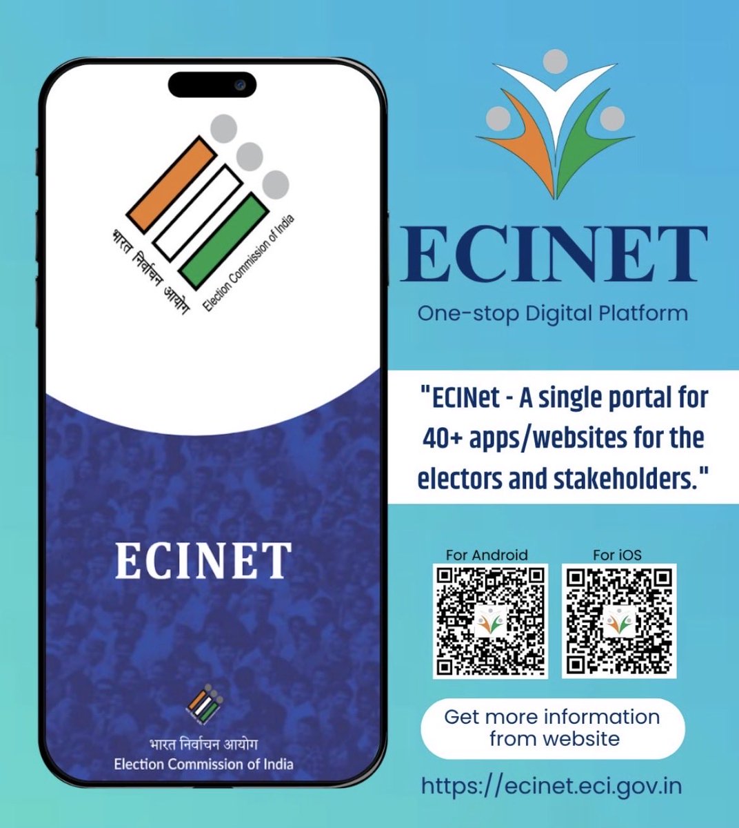 CeoRajasthan's tweet photo. ✅#ECIInitiatives: ECINET एप 
➡️नागरिकों को कभी भी, कहीं भी सहज, पारदर्शी और सुलभ चुनावी सेवाएँ प्रदान करके सशक्त बनाना। ✨
➡️ #ECINET के माध्यम से 40 से अधिक मतदाता एवं चुनाव-संबंधी सेवाओं का लाभ अपनी उंगलियों पर प्राप्त करें। 📱
✅ #ECINET – आपकी चुनावी सेवाओं का एकीकृत डिजिटल मंच।
#ECI @ECISVEEP 
@DIPRRajasthan 
@DDNational @airnews_jaipur