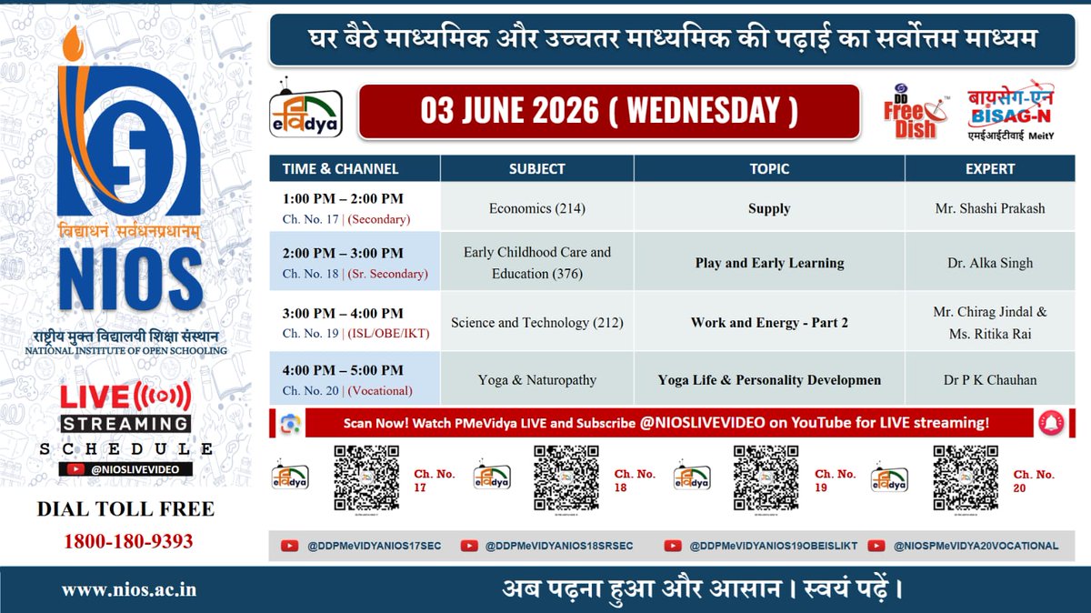 niostwit's tweet photo. 📺 #NIOS LIVE PCP | 03 June 2026
📈 Economics
🧒 Early Childhood Care and Education
🔬 Science and Technology
🧘 Yoga & Naturopathy
⏰ 1:00–5:00 PM | #PMeVidya
🔗 https://t.co/qYIbmwBbG2
#OpenSchooling #DigitalEducation #LearningForAll #EducationAnywhere #SkillIndia https://t.co/VFpvSsJ5S4