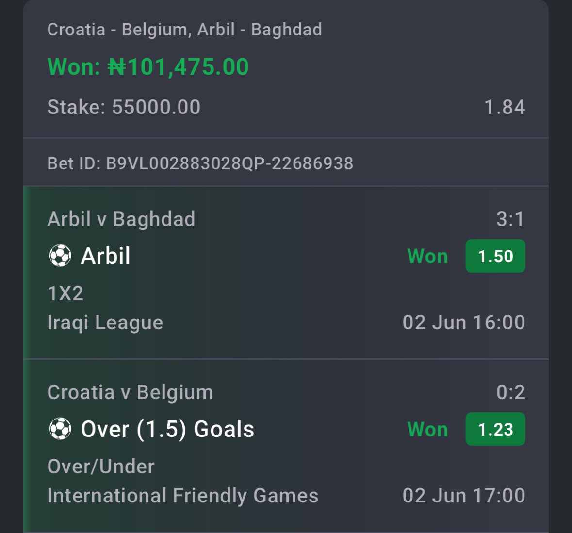 Ajebopunter's tweet photo. BET OF THE DAY WON ON BET9JA

Congrats if you played!

Remember to always Bet Responsibly 🔞 #Bet9jaCode https://t.co/BDAz3vFCZq