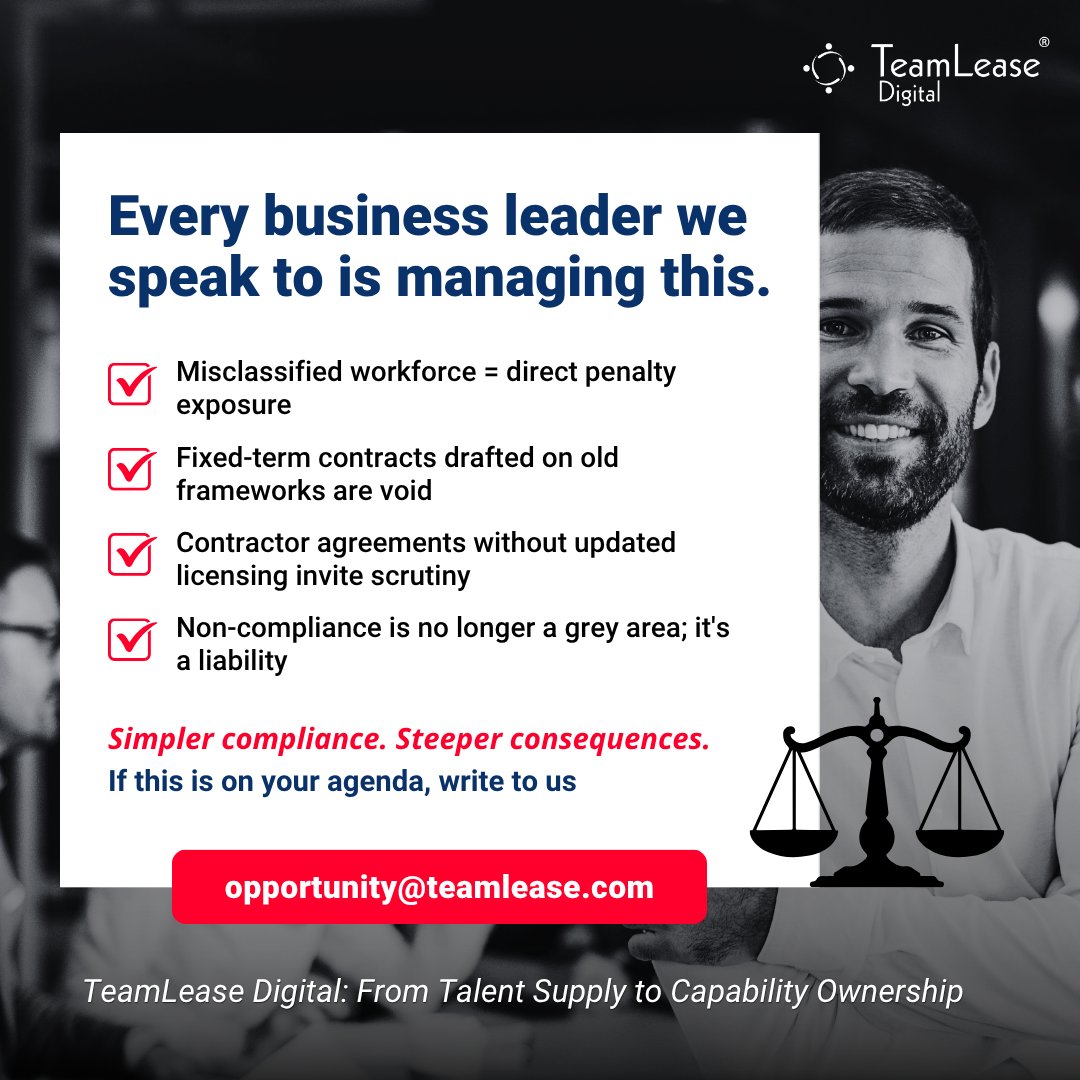 TeamLeaseDGT's tweet photo. Your workforce compliance framework is outdated.
The labour code just made that expensive.
Misclassification. Void contracts. Licensing gaps. Non-compliance.
These aren't warnings anymore.
Get ahead of it now.
📧 opportunity@teamlease.com
#LabourCode #Compliance #Workforce https://t.co/eiTeih9Aue