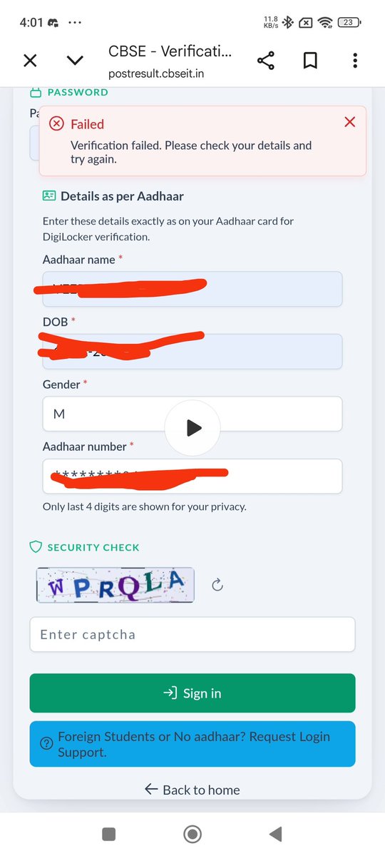 veerizhere's tweet photo. @TheAnuragTyagi Dear @cbseindia29,
I am unable to log in to the CBSE Post Result portal. The website keeps showing "Verification failed. Please check your details and try again" even though I am entering the correct Aadhaar details. Kindly resolve this issue as the deadlines are approaching. https://t.co/wJ5pg0RRK8