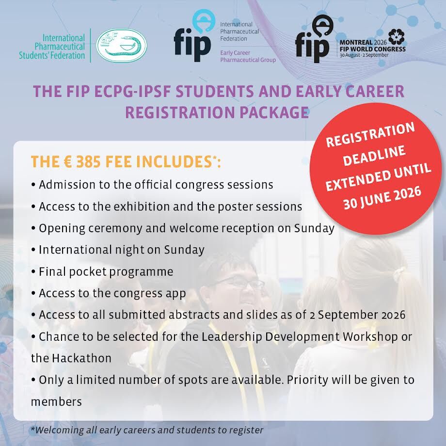 FIPECPG's tweet photo. Calling Pharmacy Students, Early Career Pharmacists and Pharmaceutical Scientists Worldwide! 🌍💊

Are you an ECPG or IPSF member? 
This is your opportunity to attend the FIP World Congress 2026 in Montreal, Canada with an exclusive ECPG–IPSF discounted registration package 🎓✨ https://t.co/zlcO2UUQ0i