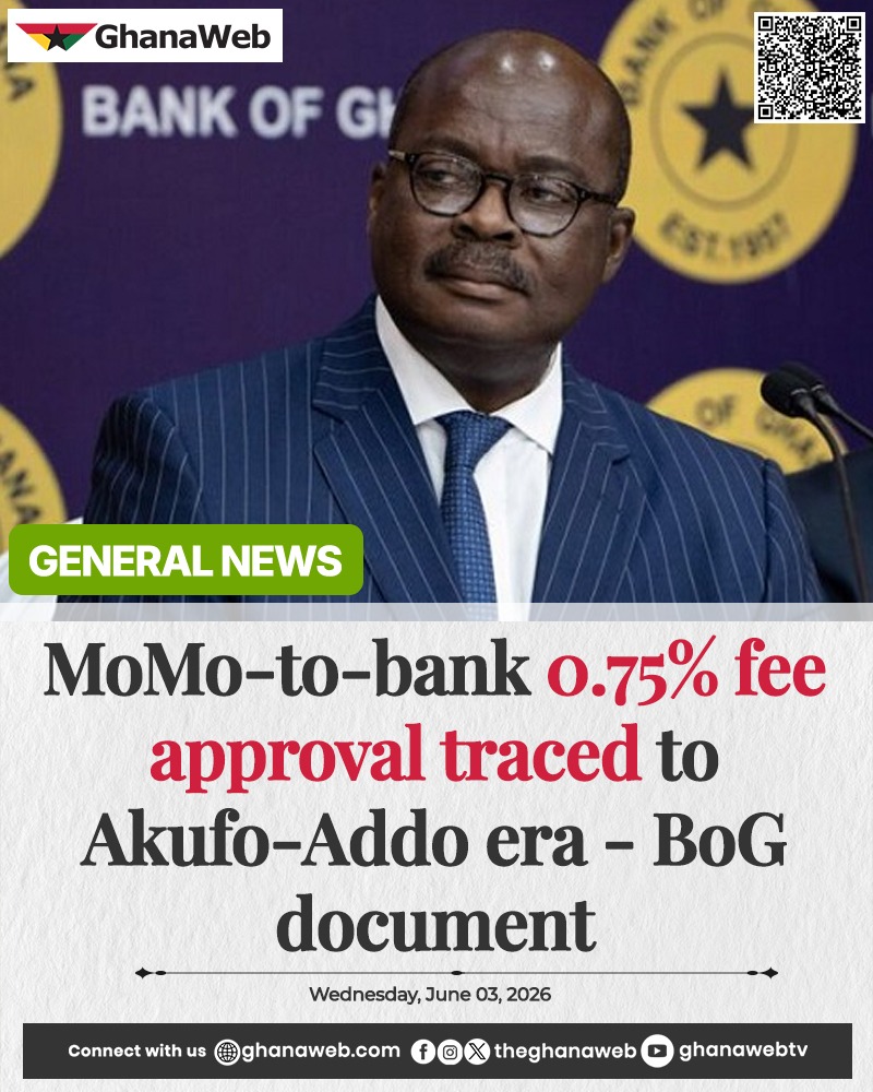 TheGhanaWeb's tweet photo. There was public uproar following an announcement by MTN Ghana on the implementation of a 0.75% fee on transfers from MoMo wallets to linked bank accounts.

Following the backlash, the Bank of Ghana directed MTN to suspend the implementation of the fee, which was supposed to have taken effect on Monday, June 1, 2026.

More here: https://t.co/WHmTUdmtll

#ghanaweb
#ghanawebtv
