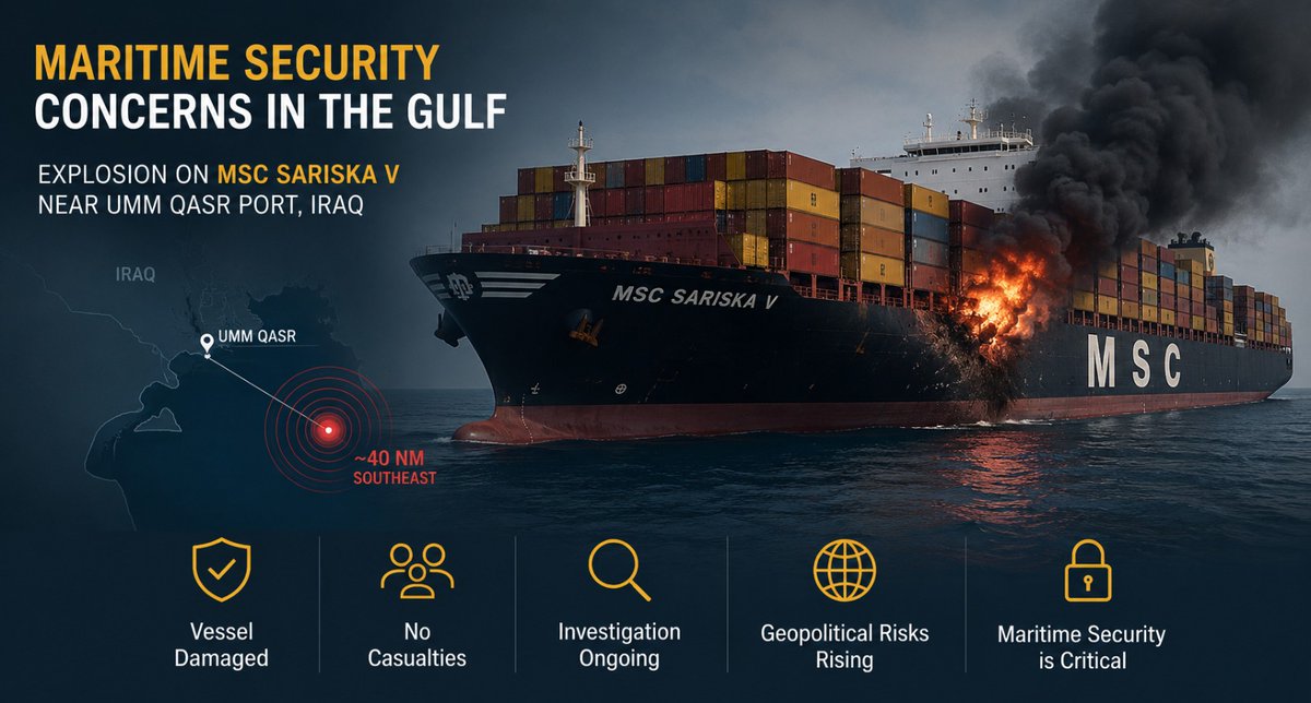 worldwide89776's tweet photo. The MSC Sariska V explosion near Iraq’s Umm Qasr port highlights rising maritime security risks in the Gulf, with potential implications for global shipping and supply chains. #MaritimeSecurity #ContainerShipping https://t.co/QBRdimoEi6