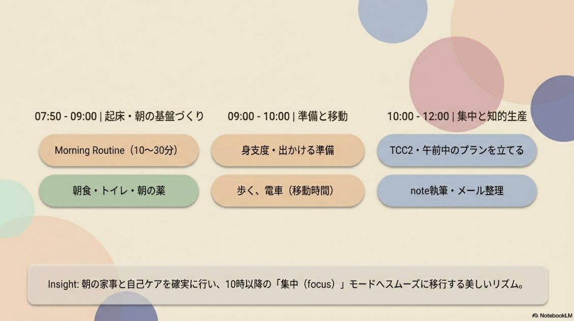 sugamari_spirit's tweet photo. NotebookLMで #TaskChuteCloud2 の5月分の記録を分析してもらったら、面白いスライドを作ってくれた。

伸びやすいタスクは「夕飯準備」らしく、やっぱり見積時間を変更した方がよさそうだ……

にしても、考察が面白いなぁ。

@ogipooh さんみたいに、音声解説を作成してもらって聞いてみようかな？ https://t.co/va1mjp5gp7