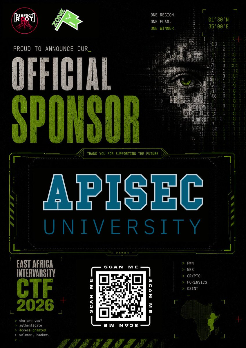 p3rf3ctr00t's tweet photo. We’re proud to welcome APISEC University as an Official Sponsor of the East Africa Intervarsity CTF 2026.
Together, we’re building opportunities to challenge, grow, and empower the next generation of cybersecurity talent across East Africa.

#EastAfricaCTF #CyberSecurity #CTF https://t.co/PR3rkTIgix