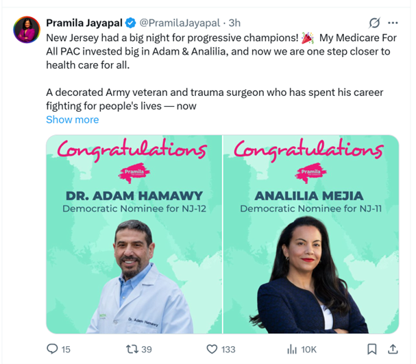 thehoffather's tweet photo. Rep Pramila Jayapal (D-GAZA) is celebrating the primary victory of a Muslim socialist with ties to al-Qaeda terrorist Sheikh Omar Abdel-Rahman, AKA the "Blind Sheikh," whose followers carried out the 1993 bombing of the World Trade Center. https://t.co/KsetjDrvJb