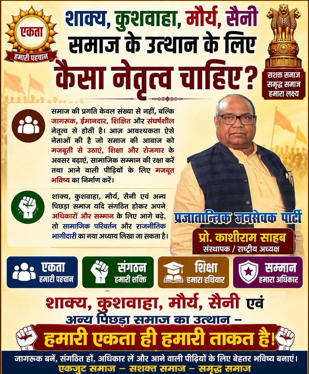 pjpparty's tweet photo. जागरूक समाज, मजबूत संगठन और ईमानदार नेतृत्व ही प्रगति का मार्ग है।

शाक्य, कुशवाहा, मौर्य, सैनी एवं अन्य पिछड़ा समाज का उत्थान, हमारा लक्ष्य — हमारा अभियान!

#मौर्य_समाज #प्रोफेसर_काशीराम_साहब #संगठन #शिक्षा #सामाजिक_न्याय #PJP #OBC https://t.co/kKSdQBIdAX
