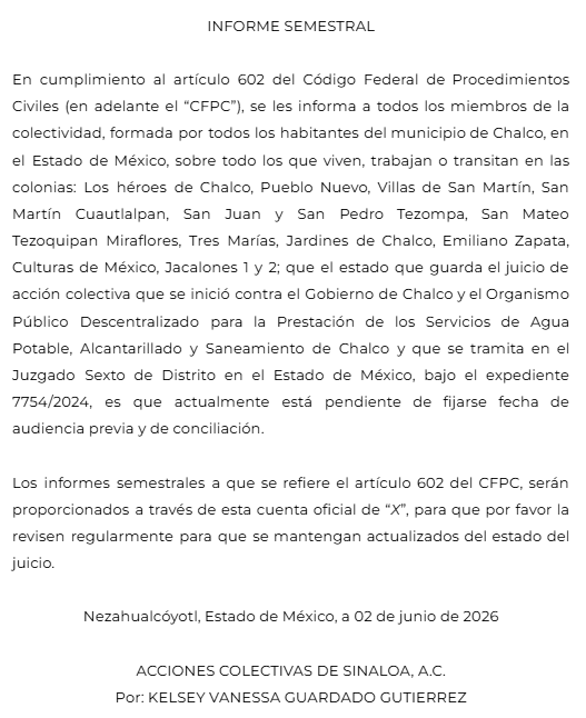 ACSinaloa's tweet photo. Les compartimos el informe semestral relativo al juicio de acción colectiva difusa promovido contra el Gobierno de Chalco y el Organismo Público Descentralizado para la Prestación de los Servicios de Agua Potable, Alcantarillado y Saneamiento de Chalco por daños ambientales https://t.co/0l2Koj8u40